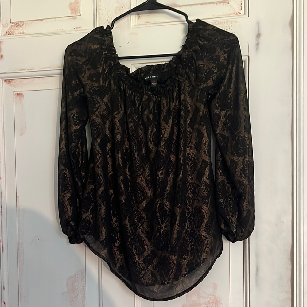 🌟Rock & Republic Black and Brown Ruffled 3/4 Sleeve Blouse